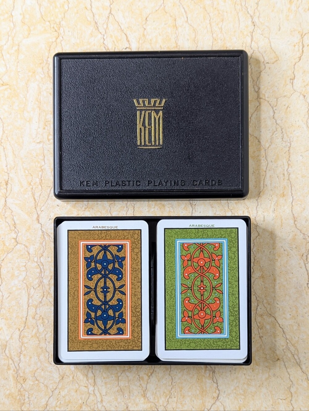 Vintage KEM Plastic Double Pack Complete Set Arabesque Playing Cards In Case